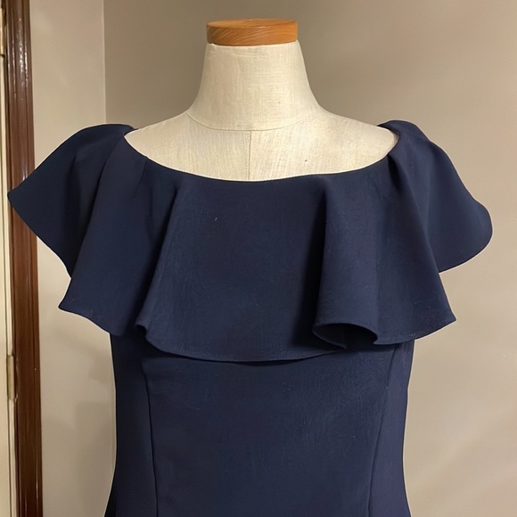 STATEMENT lace ruffled deep V BACK midi dress cocktail ruffled neckline Navy 10 - Picture 5 of 12